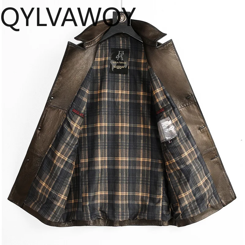 QYLVAWOY chaqueta de cuero genuino, ropa para hombre, abrigo de cuero para hombre, cera de aceite, piel de oveja, cortavientos de longitud media, prendas de vestir exteriores, lederjacke