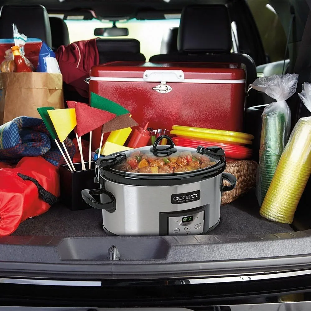 6쿼트 쿡앤캐리 프로그래밍 가능 슬로우 쿠커(디지털 타이머 포함), 스테인리스 스틸, 휴대용 요리에 이상적