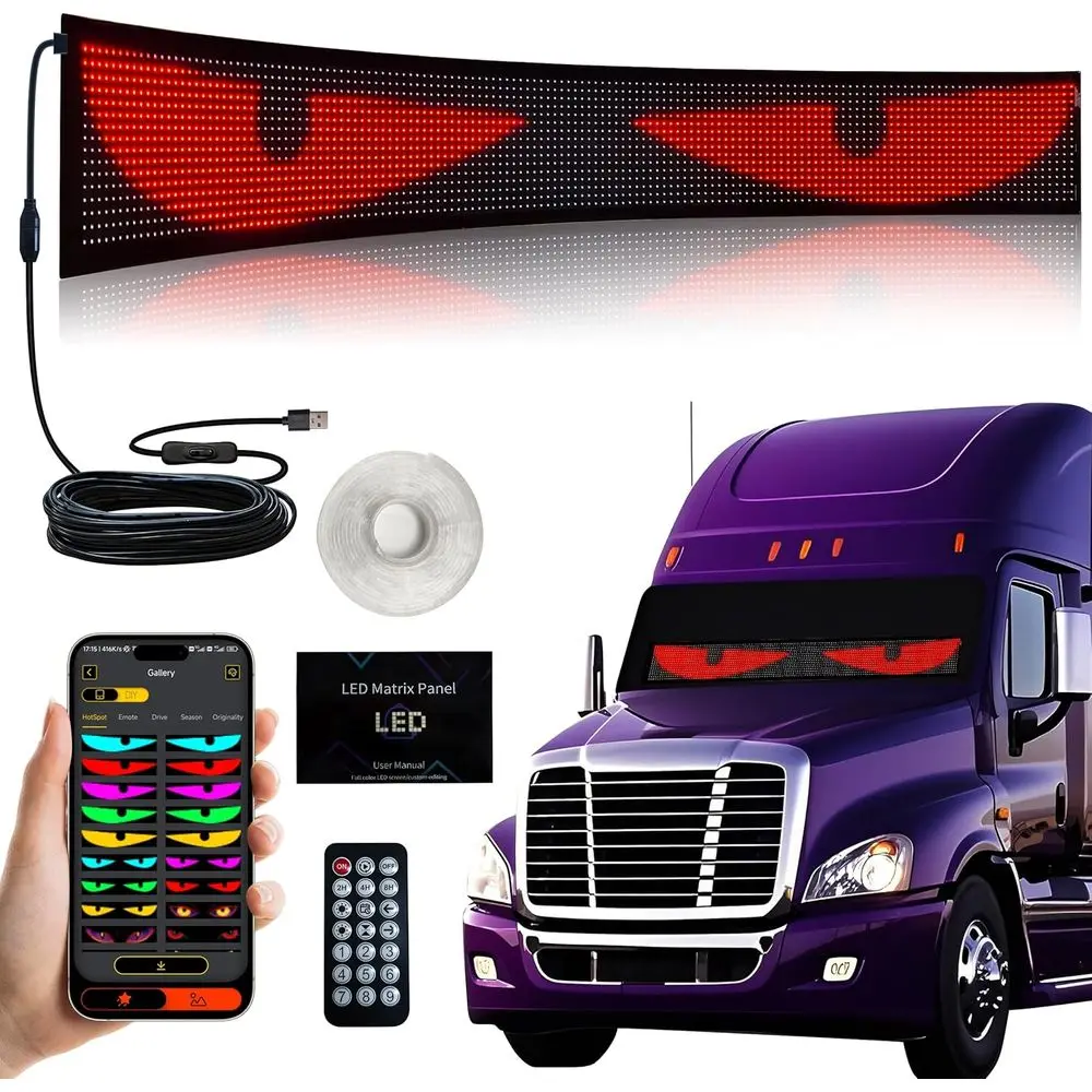 

52in*7.56in Extra-Large LED Eyes or Truck Windshield,Big Devil Eyes Light or Windshield, lexible LED MPanel Car Sign with APP/Re