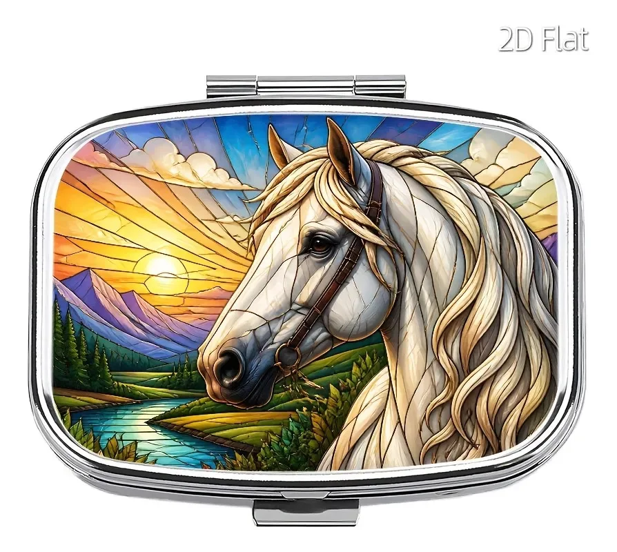 Stained Glass Style White Horse Metal Pill Box, Small Portable Travel Pill Holder, Art Decor Storage Case for Pills & Vitamins