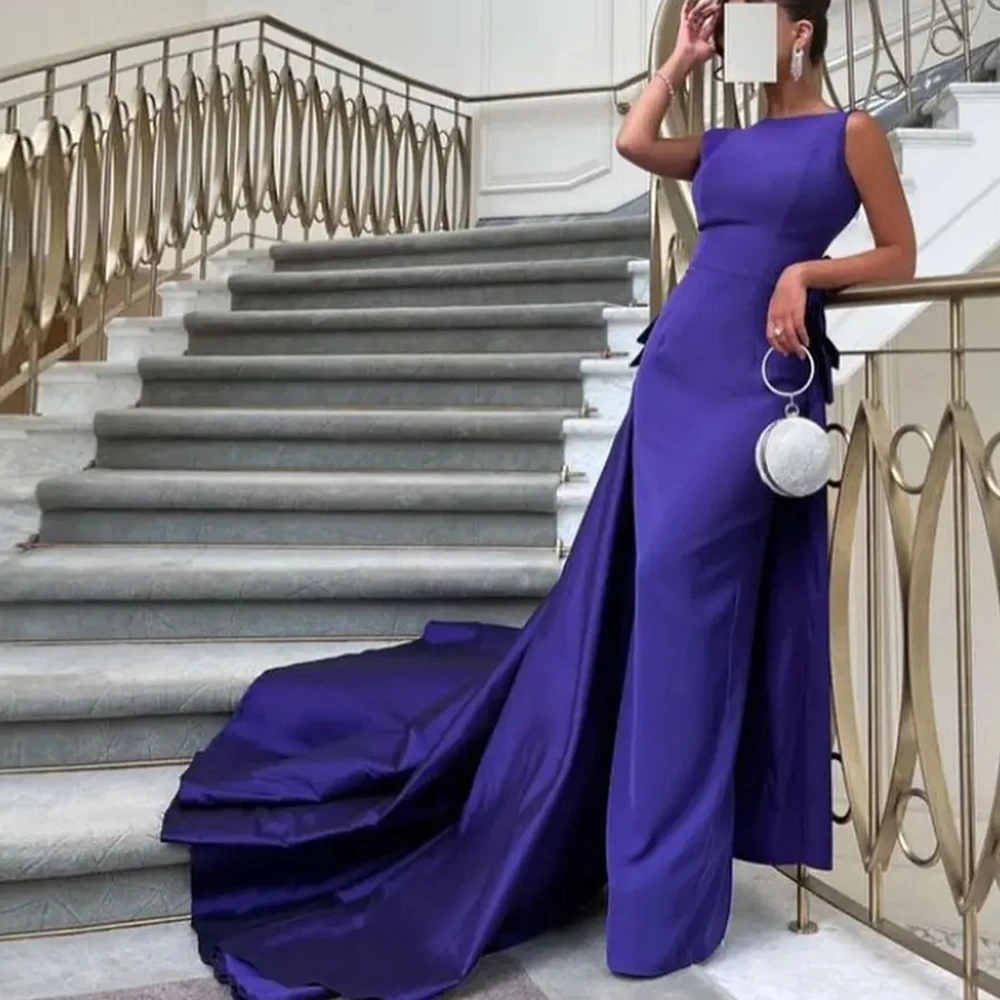 

Women Exquisite Court Train High-Low Backless O-neck Jersey Sleeveless Purple Celebrity Dress Pleats Backless Saudi Arabia