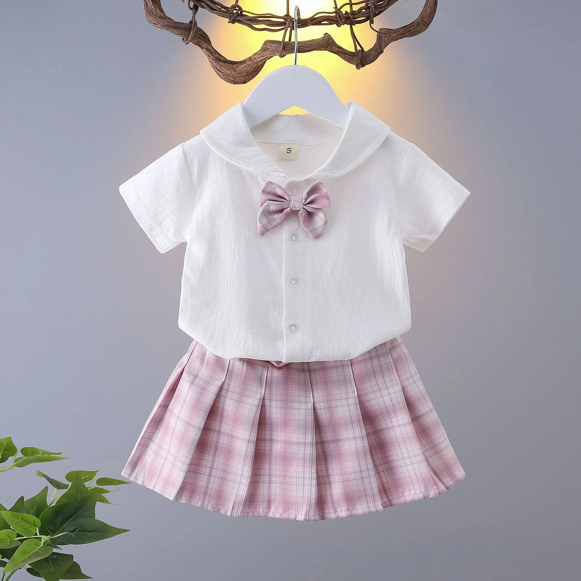 

Girls College Style Jk Uniform Pleated Skirt + Short Sleeves Shirts Summer Children Big Kids School Students Sweat Clothes 0-12Y