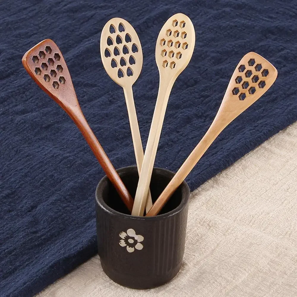 Wooden Honey Dipper Sever Mixing Stick Spoon Honeycomb Heart Pattern