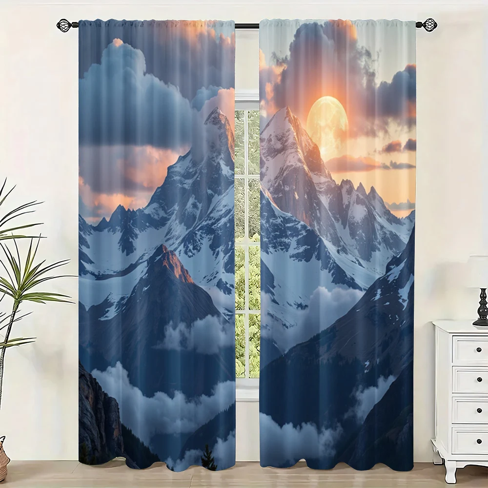 2pc,  Curtain The majestic sunset of Jinshan Versatile Polyester,Without Electricity Spring Party & Holiday Decor for Window