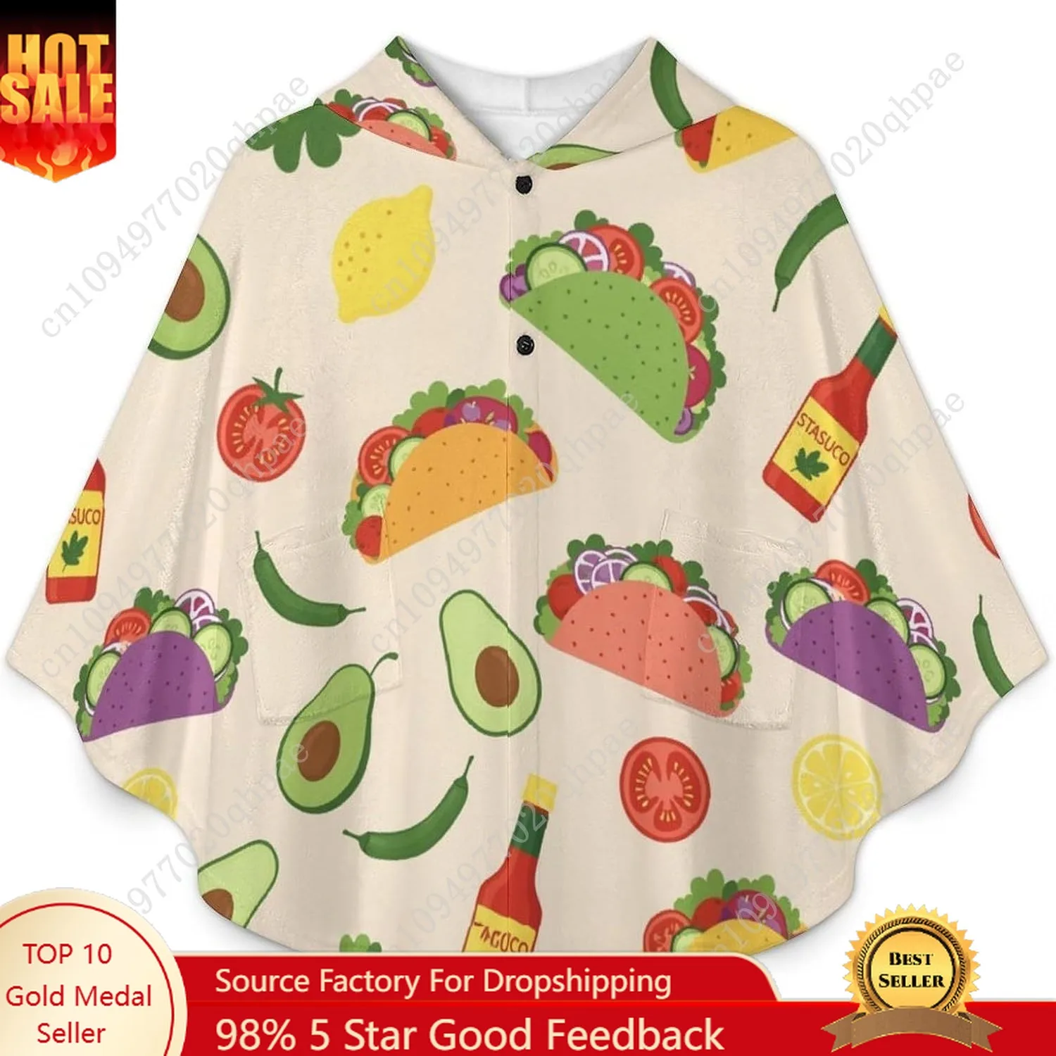 سترة بطانية مريحة من الفلانيل، نمط تاكو مع مكونات، هوديي كبير الحجم مع جيوب للأطفال والمراهقين #1