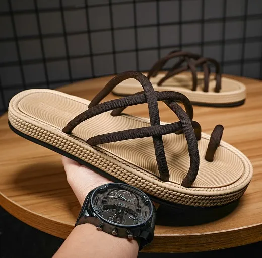 Woven Rope Clip Toe Flip Flops for External Wear Anti Slippers Thick Sole Clip Toe Sandals Summer Roman Beach Men's Shoes