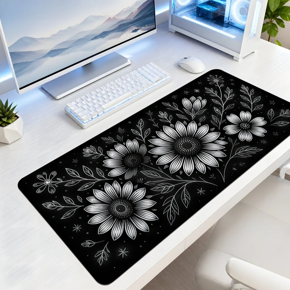 Black background with white daisy flower and leaf branch pattern mouse pad, anti-slip, suitable desk decoration accessories