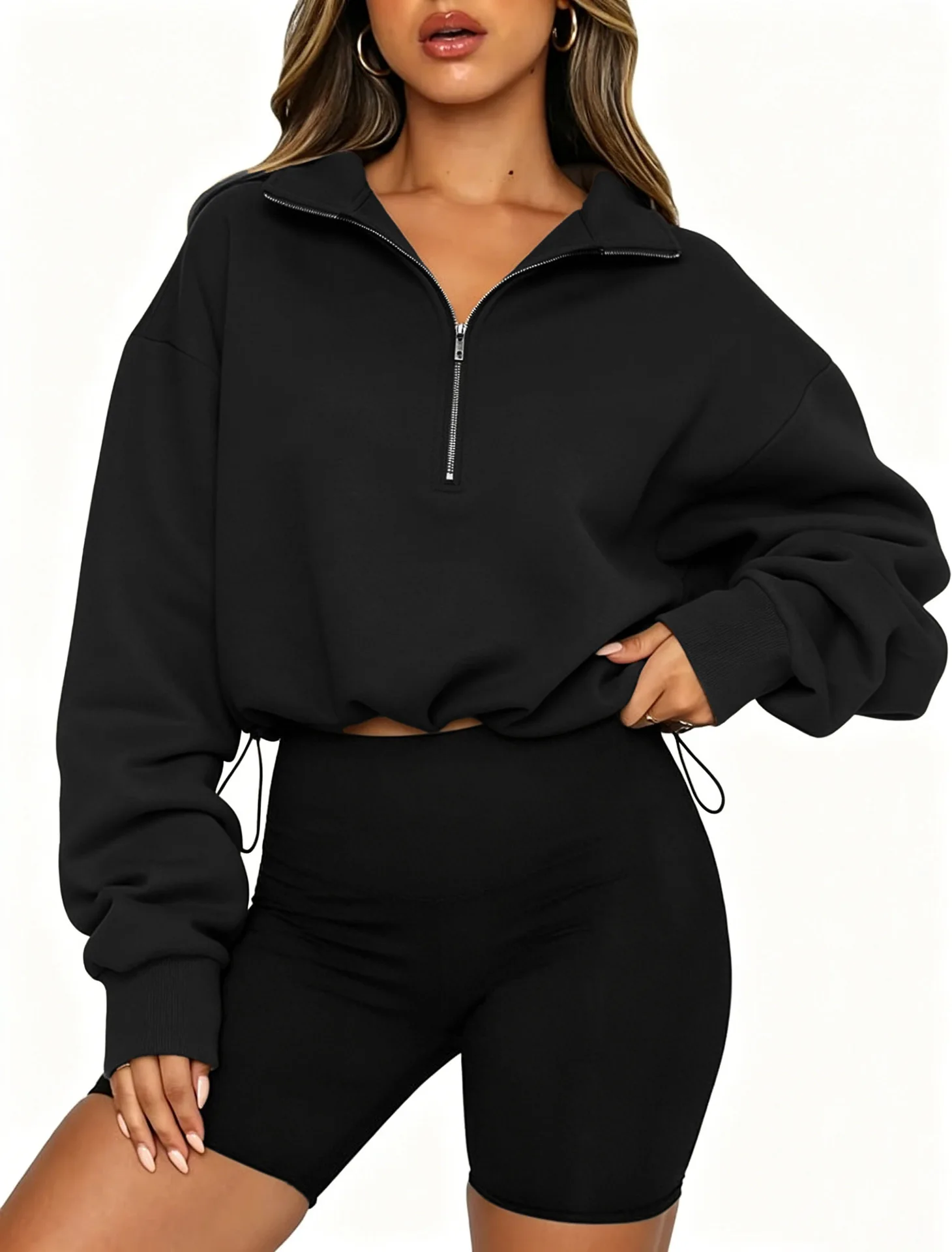 Women Half Zip Sweatshirt Cropped Pullover Oversized Long Sleeve Drawstring Hem Hoodie Y2K Athletic Sportswear