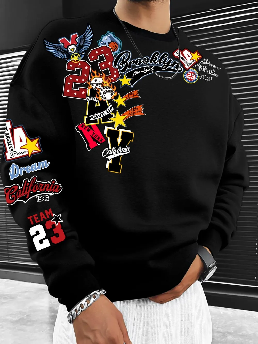 American men's autumn Brooklyn letter graffiti print soft breathable round neck long sleeved T-shirt outdoor street top