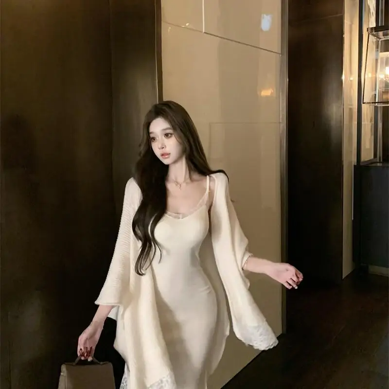 

Fashionable Women's Knitted Lace Cardigan Outerwear Dress Two-piece Set Casual Loose Female 2025 Autumn And Winter New