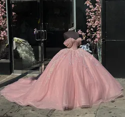 Rose Pink Princess Sparkly Quinceanera Dresses Off Shoulder Gillter Applique Crystal Sweet 15 vestido cinderela debutante