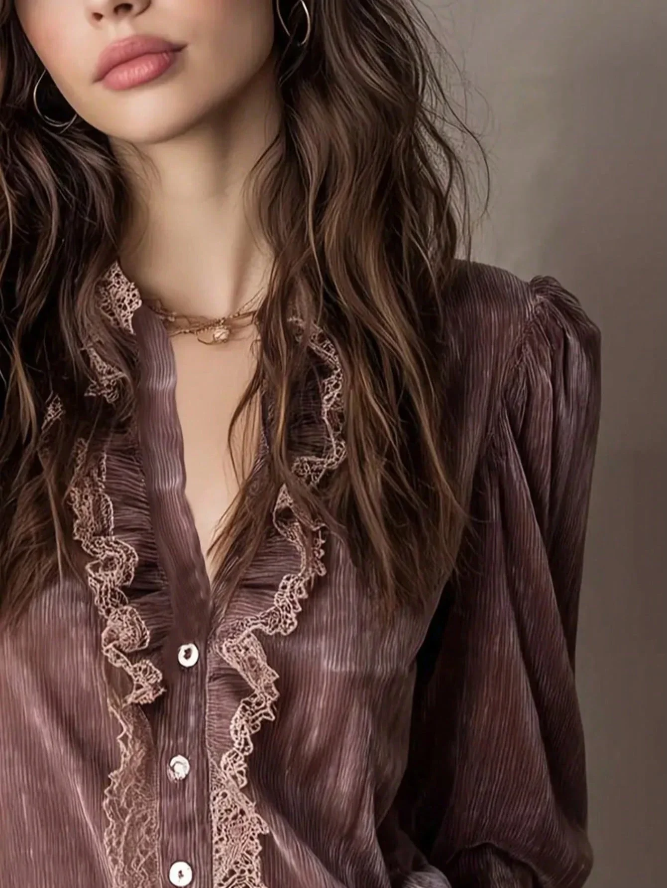 

Women's Velvet Blouse With Lace Ruffle Detail Elegant Casual Shirt