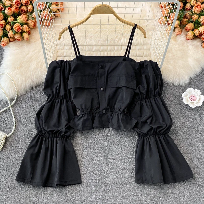 Fashion Trumpet Girl Sleeves Top Hot Korean Women's Long Sleeved Off Shoulder Backless Spaghetti Strap Shirt Autumn 2024