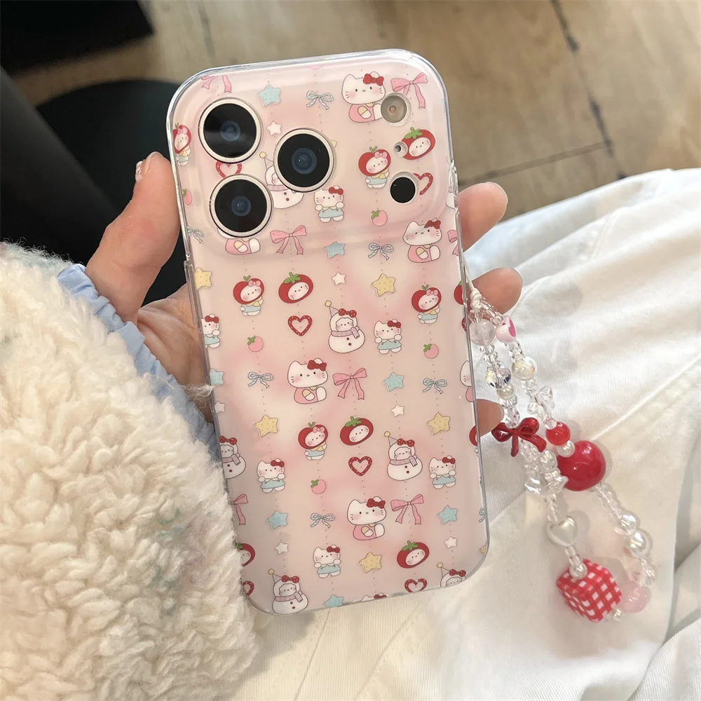 

Cute Snowman Kitty Cartoon Phone Case for iPhone 17 Pro 13 14 15 17 16 Pro Max Fundas Cases with Chain Kawaii Shockproof Cover