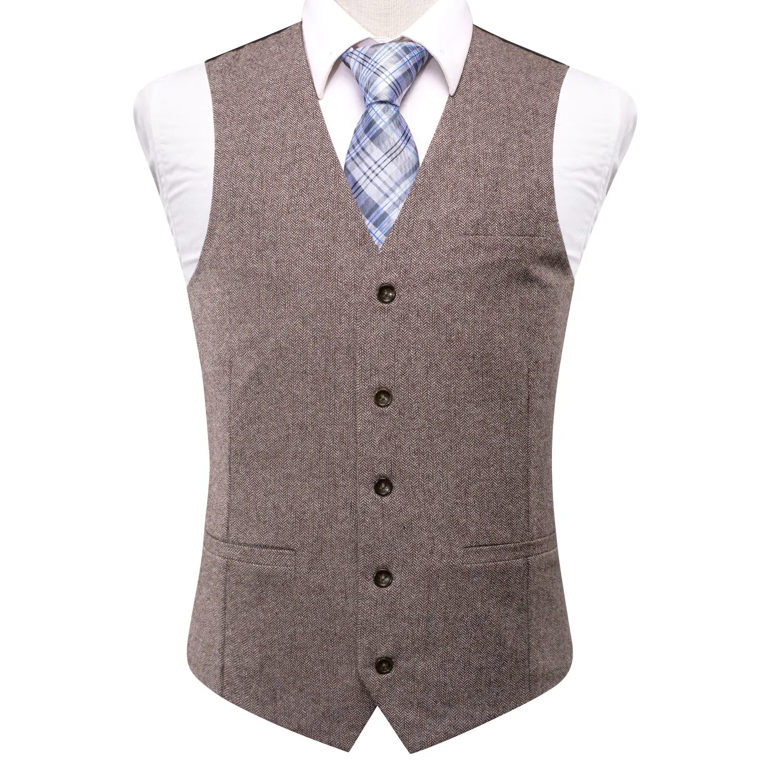 Herren-Anzugweste mit V-Ausschnitt in Braun und Grün mit Fischgrätenmuster, Einzelstück, Accessoires nicht enthalten, geeignet für Hochzeiten und Abendveranstaltungen. – Detail 1