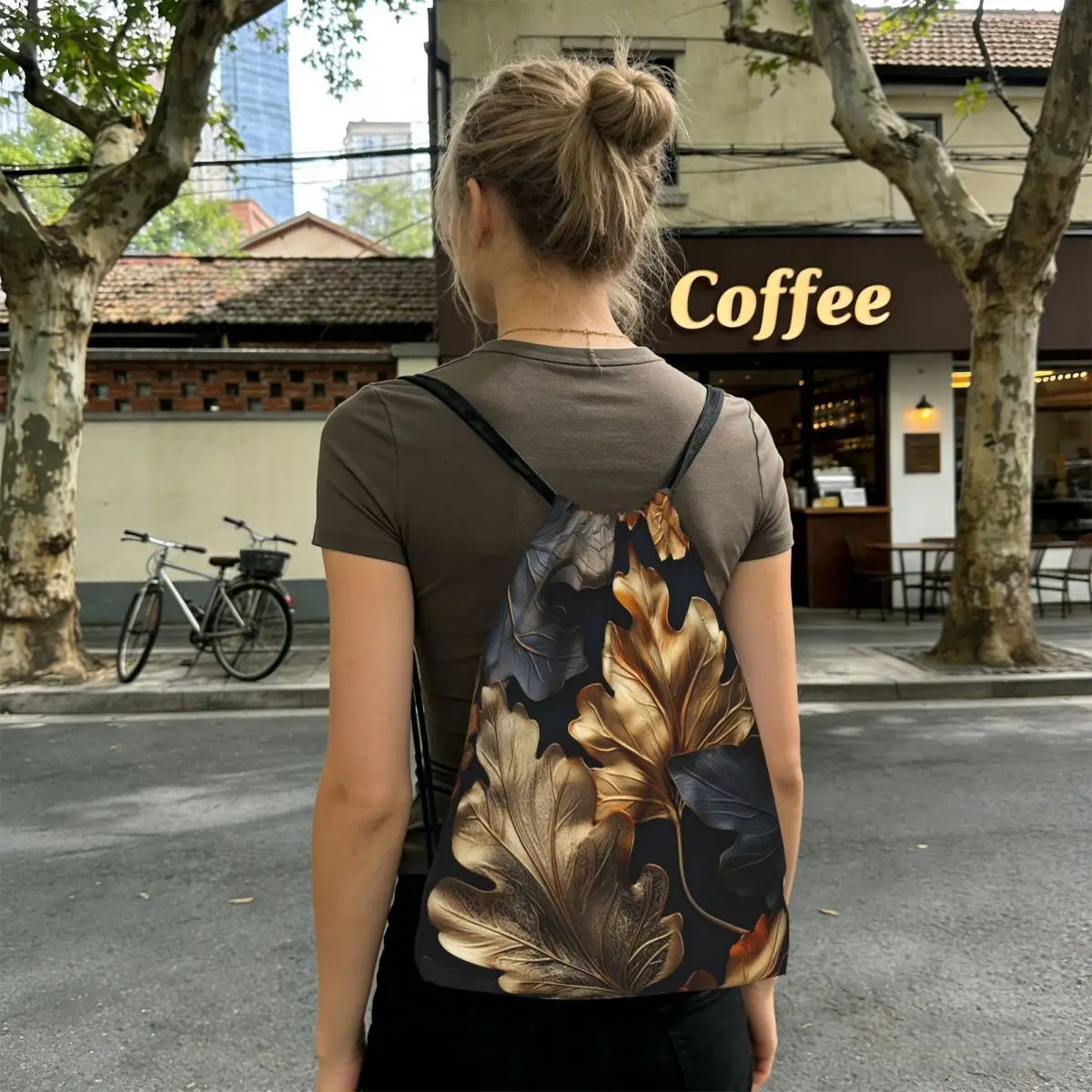 Black Golden Leaf Print Backpacks Multi-function Drawstring Bags Sports Bag Book Bags for Travel School