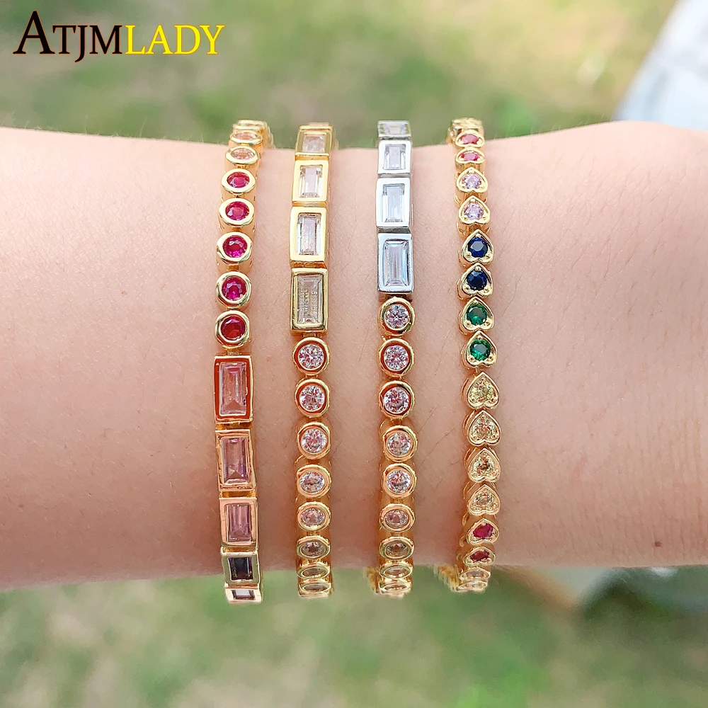 Bling Bezel White Colorful Rainbow Half Round Half Rectangle Cubic Zirconia Tennis Bracelet For Women Girl Fashion Jewelry