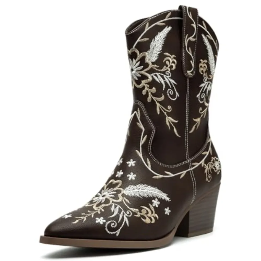 

Womens Wide Calf Cowboy Boots, Western Cowgirl Mid Calf with Embroidery, Chunky Heel Zip Up Pointed Toe Boots