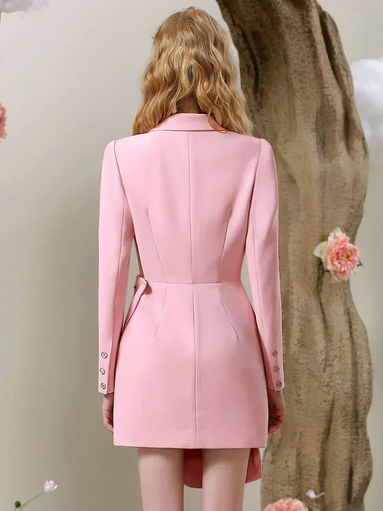 Elegant Fake Two Pieces Pink Suit Dress Female 2023 Autumn and Winter New Elegant Beaded Commuter Suit Balzer Dress for Women