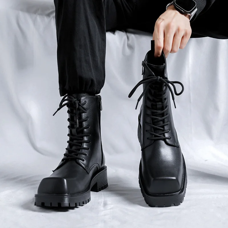 

men luxury fashion platform boots square toe shoes stage nightclub dress brand designer original leather boot black high botas