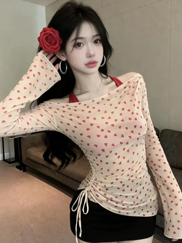 

Summer UV Protection Long Sleeve T-Shirt Women's Mesh See-through Printed Top with Chest Pad Hanging Neck Print Two-piece Set