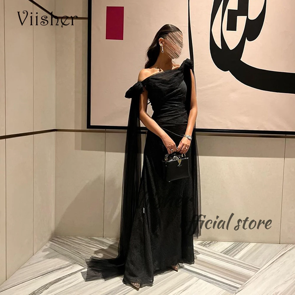 

Black Mermaid Evening Dresses Off Shoulder Arabian Dubai Prom Dress Floor Length Long Formal Occasion Gown Lace Up Back