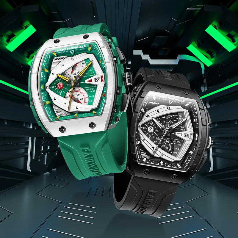 

Мужские часы Mark Fairwhale с хронографом, 45 мм, спортивные кварцевые наручные часы Tonneau, светящийся корпус из смолы, резиновый ремешок