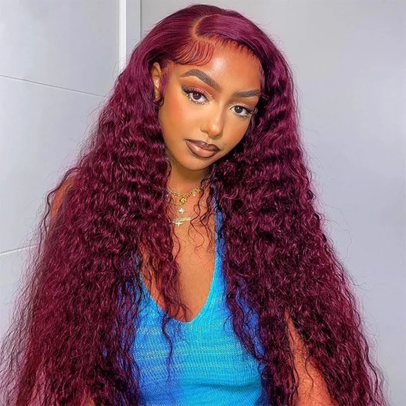 Parrucca brasiliana 13x4 parrucche frontali in pizzo HD 99J parrucche anteriori in pizzo riccio bordeaux vino rosso colorato pre pizzicato onda profonda capelli umani al 100%