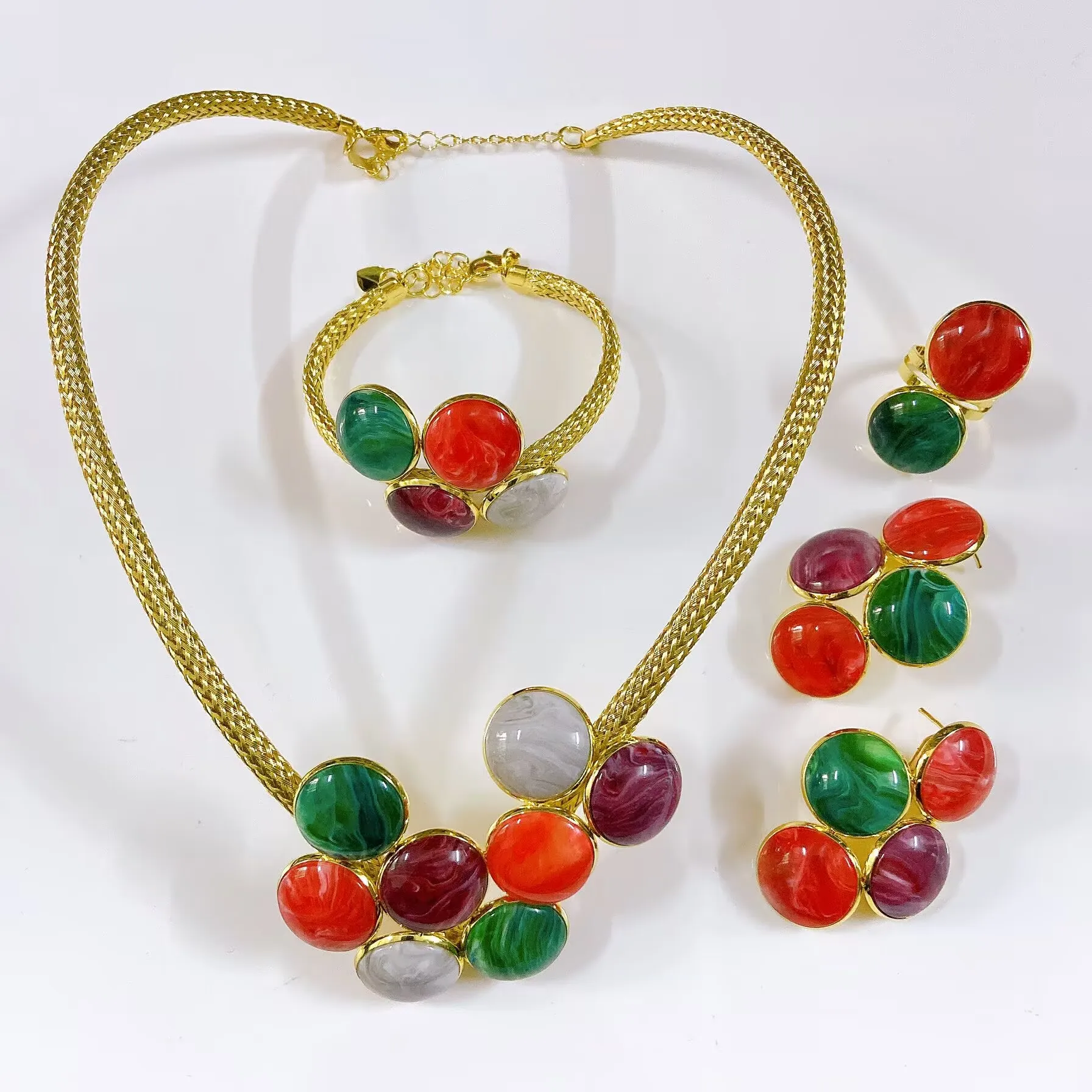 Trendy Hollow Jewelry set with colorful bead Collar Brazalete Aretes Anillo Discount 4PC Set Free Shipping for navidad Christmas