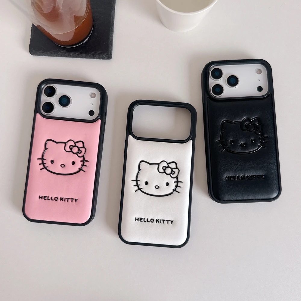 Präge-Leder-Handyhülle für iPhone 17, 16, Pro, 15, 14, 13, Pro Max, stoßfest, harte Rückseite, 3D-niedlicher Cartoon, Sanrio Hello Kitty Cover