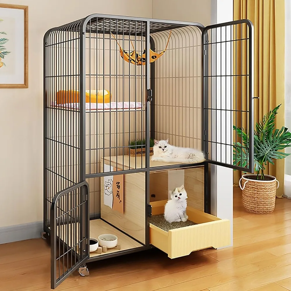 

Pet Playpen, Cat Cages Indoor Large, with Enclosed Litter Box, Upgrade Wooden Platforms, Detachable Metal Wire Cat Enclosures