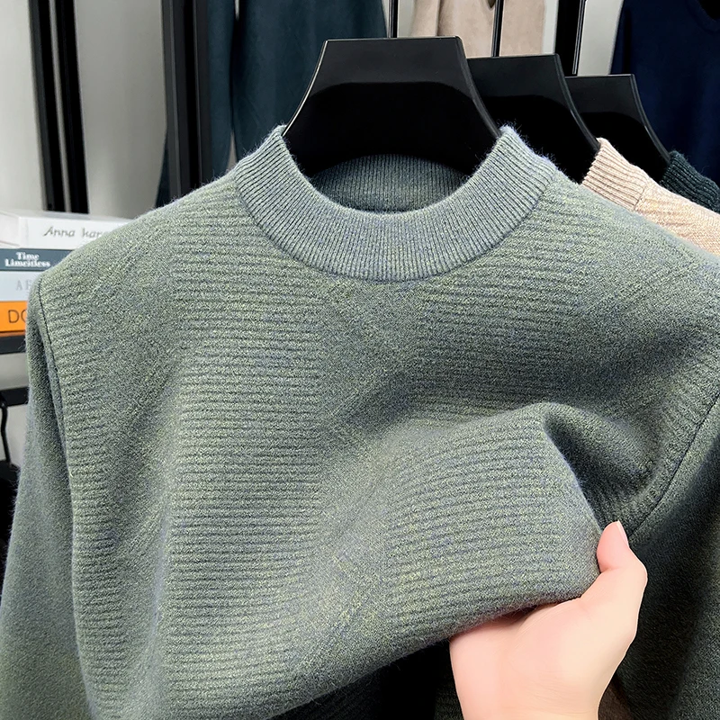 Fashion solid color jacquard men's sweater high-quality luxury soft comfort autumn winter new casual round neck knitted pullover