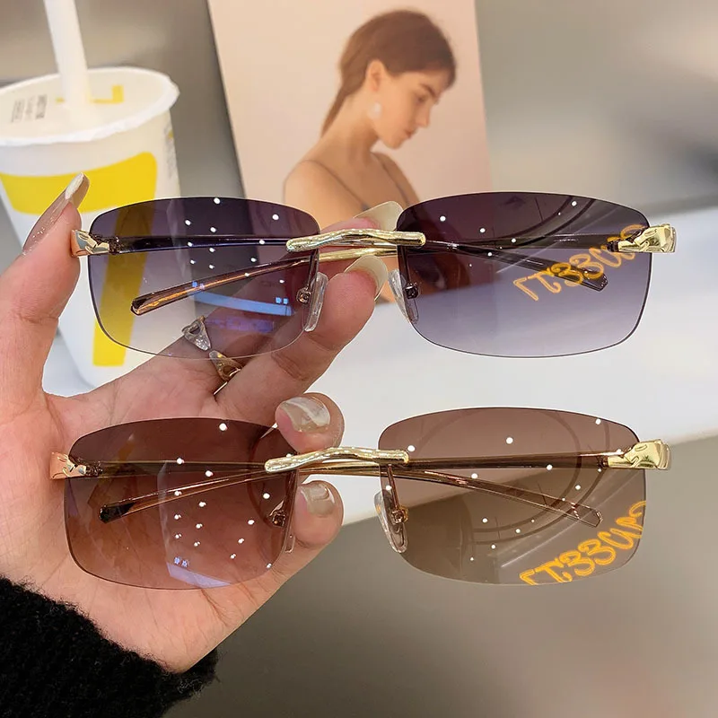 

Rimless Sunglasses UV400 Fashion Square Metal Glasses for Women Luxury Brand Designer Diamond Y2k Small Face Sun Glasses