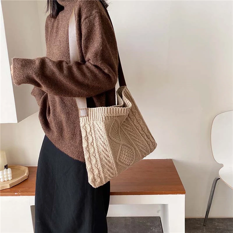 Female Woolen Knitted Braid Criss Cross Handbag Teenager Crochet Winter Korean Fashion Retro Chic Big Capacity Over Shoulder Bag