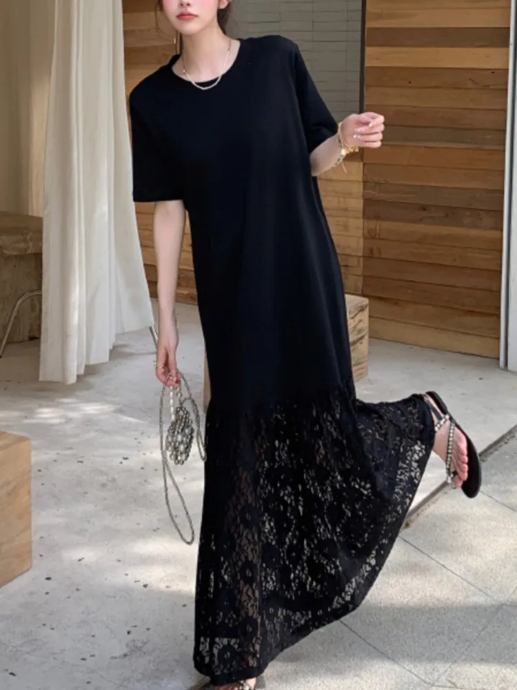 Verão solto renda splice dupla camada ombro manga camiseta vestido preto estilo elegante venda quente da temporada vestidos casuais