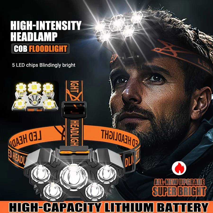 5-LED Super Bright USB Rechargeable Headlamp 3 Adjustable Lighting Modes Waterproof Headlamp for Outdoor Camping Running Working