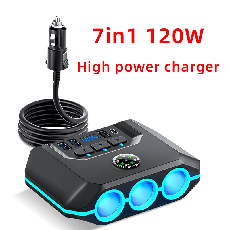 

Car cigarette lighter adapter 24V/12V splitter 3 sockets Car charger Fast charging LED voltage display PD20W and QC18W4 USB port