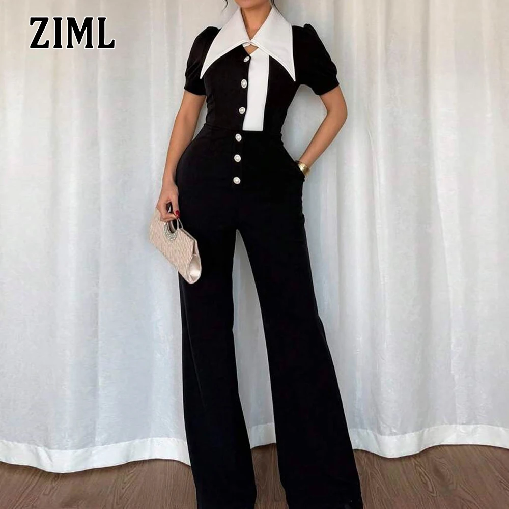 

ZIML Hit Color Slimming Spliced Button Jumpsuits for Women Lapel Short Sleeve High Waist Elegant Chic Jumpsuits Female Fashion