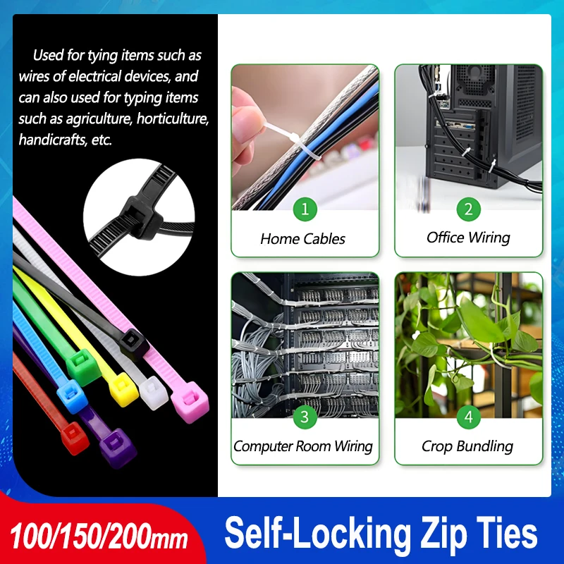 Colorful Self-Locking Nylon Cable Tie 3/4 X 100/150/200 DIY Cable Management Wire Binding Wrap Straps Fastener Plastic Zip Ties