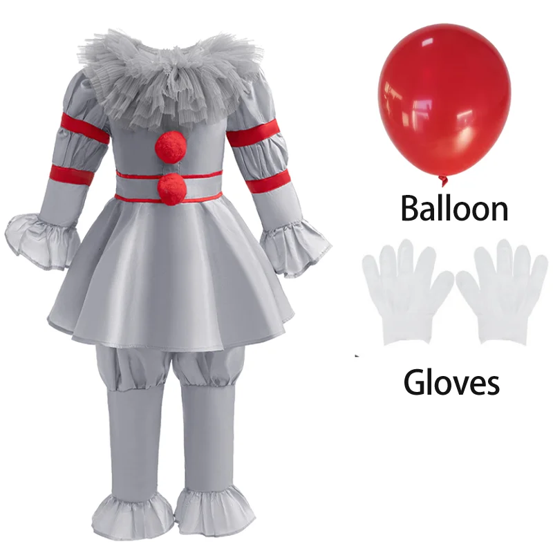 فستان المهرج لفيلم مخيف للأولاد والبنات ملابس جوكر بأكمام طويلة مع إكسسوارات للأطفال ملابس حفلات الهالوين