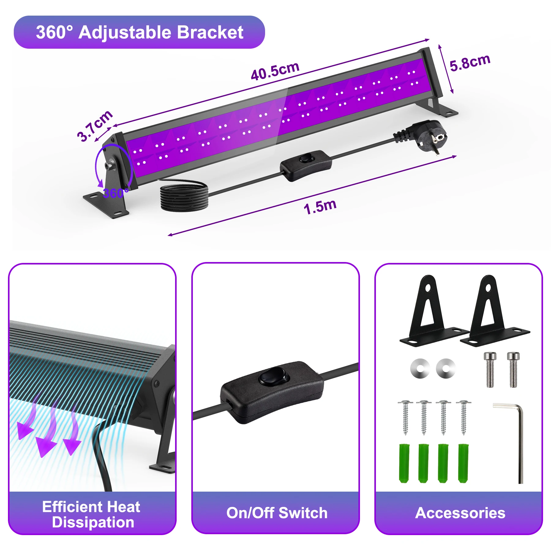 60LEDS UV Floodlight 400-405NM Fluorescen Glow Ultraviolet Black Light Bar Party Stage Disco LED Backlight for Bar Body Paint