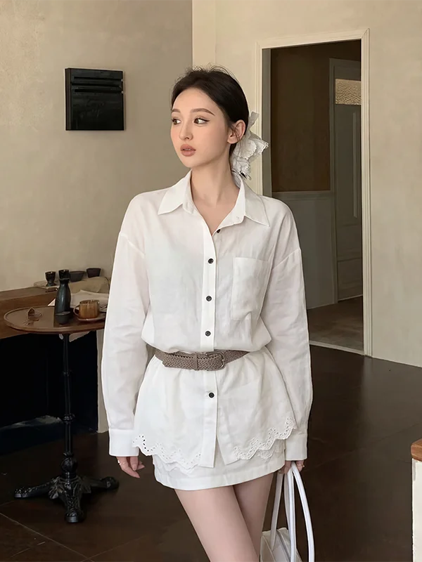 

Milk White Long Sleeve Neck Shirt Hollow out Embroidery Design Loose Slimming Lace Trim French Style Polyester Fiber