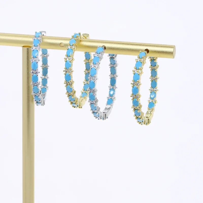 35mm Blue Turquoise Stone Round Big Circle Hoop Earrings for Women Gold Color Unisex Female Male Punk Wedding Hoops Jewelry