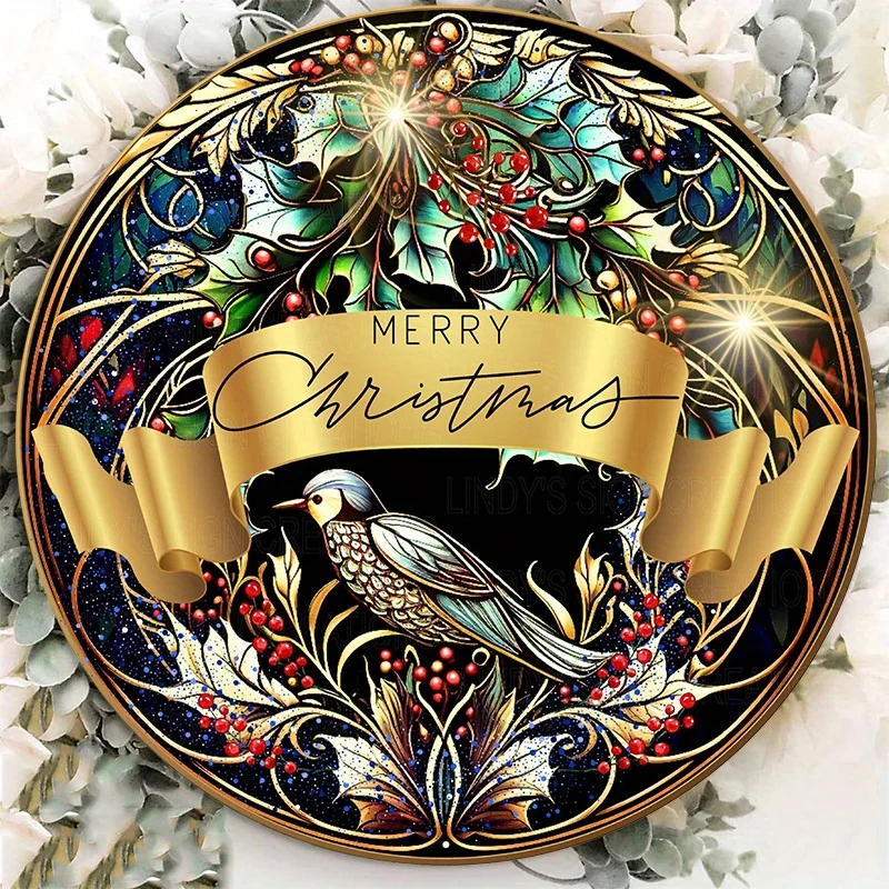 1pc 8x8inch Aluminum Metal Sign Faux Stained Glass Holly And Partridge Merry Christmas Wreath Sign, Metal Wreath Sign