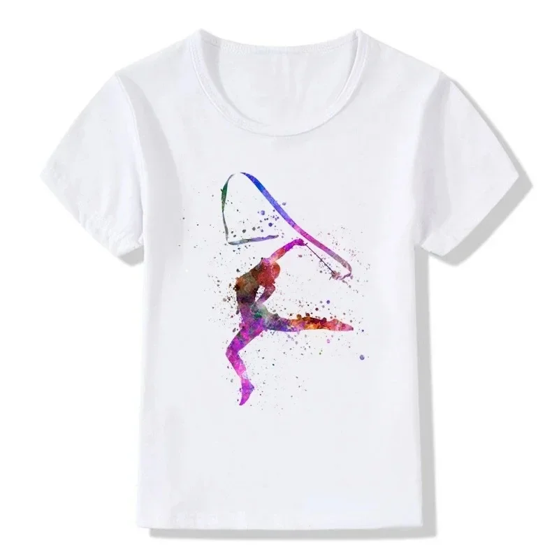 Children's Fashion Design Ballet Print Children's Short Sleeve T-shirt Girls' White Base Shirt Girls Clothes