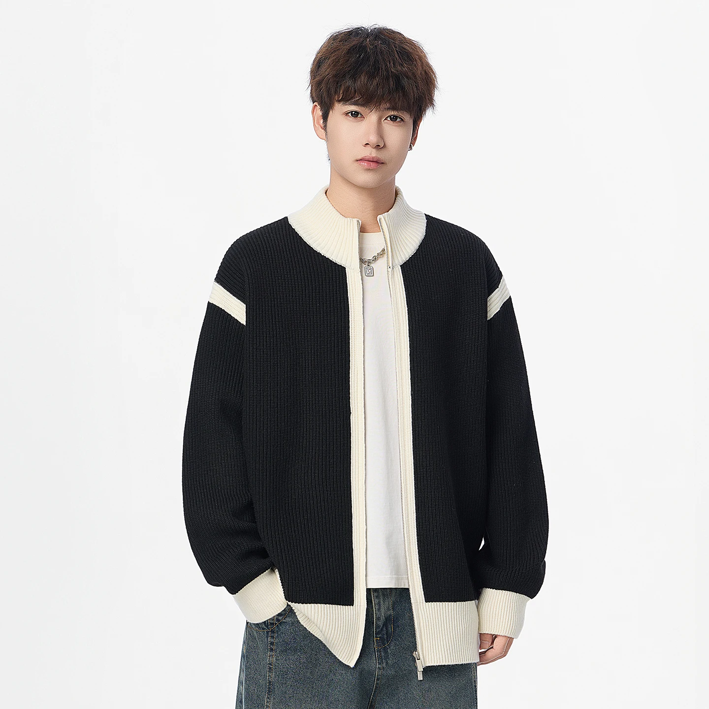 

Повседневная вязаная мужская куртка с двойной молнией Гонконг Sle Весна Осень Свободная модная INS Цветная блузка Трикотаж Faionable Lei...