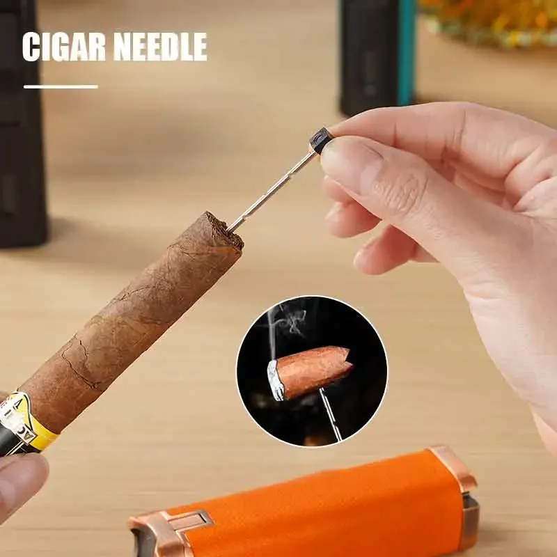 

Новая зажигалка для сигар с тремя синими пламенями, складная нижняя часть сигар, газовая игла для сигар, визуальное газовое окно, кожаный инструмент для зажигания
