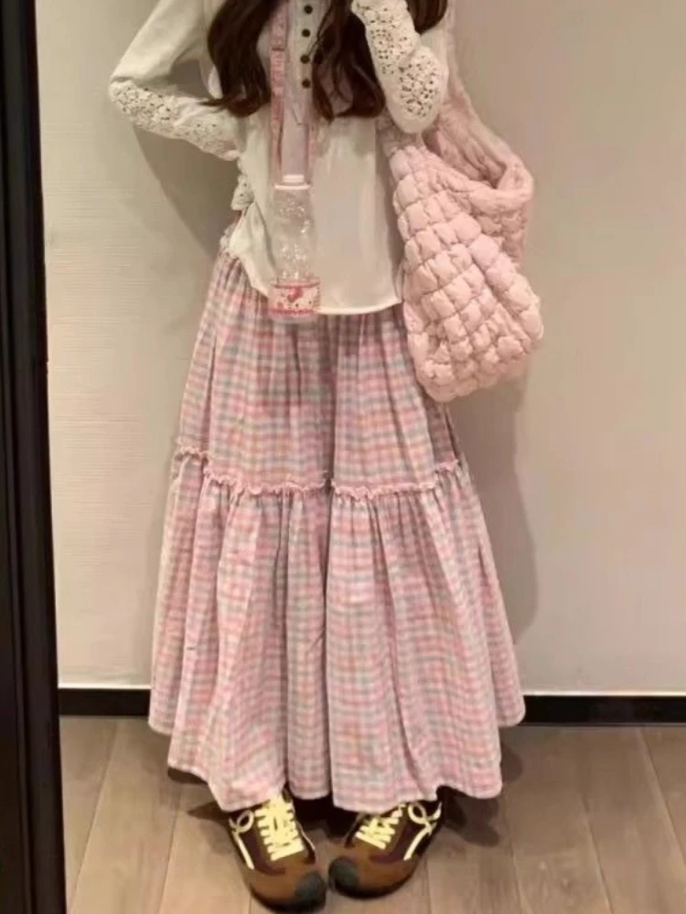 Sweet Lovely Pink Plaid A- Line Cake Half Skirts Women Y2k Casual Loose Slim Midi Skirts Japanese Vintage Chic Mid-Length Skirts