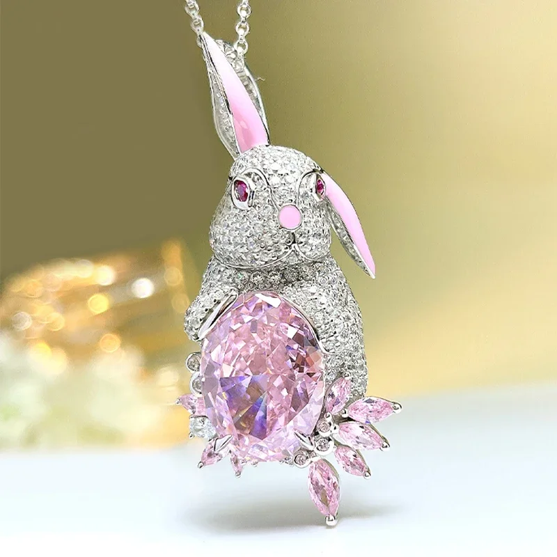 

Explosive Sparkling Pink Diamond Necklace Pendant Rabbit New Year Gift 925 Sterling Silver Wedding Jewelry Wholesale