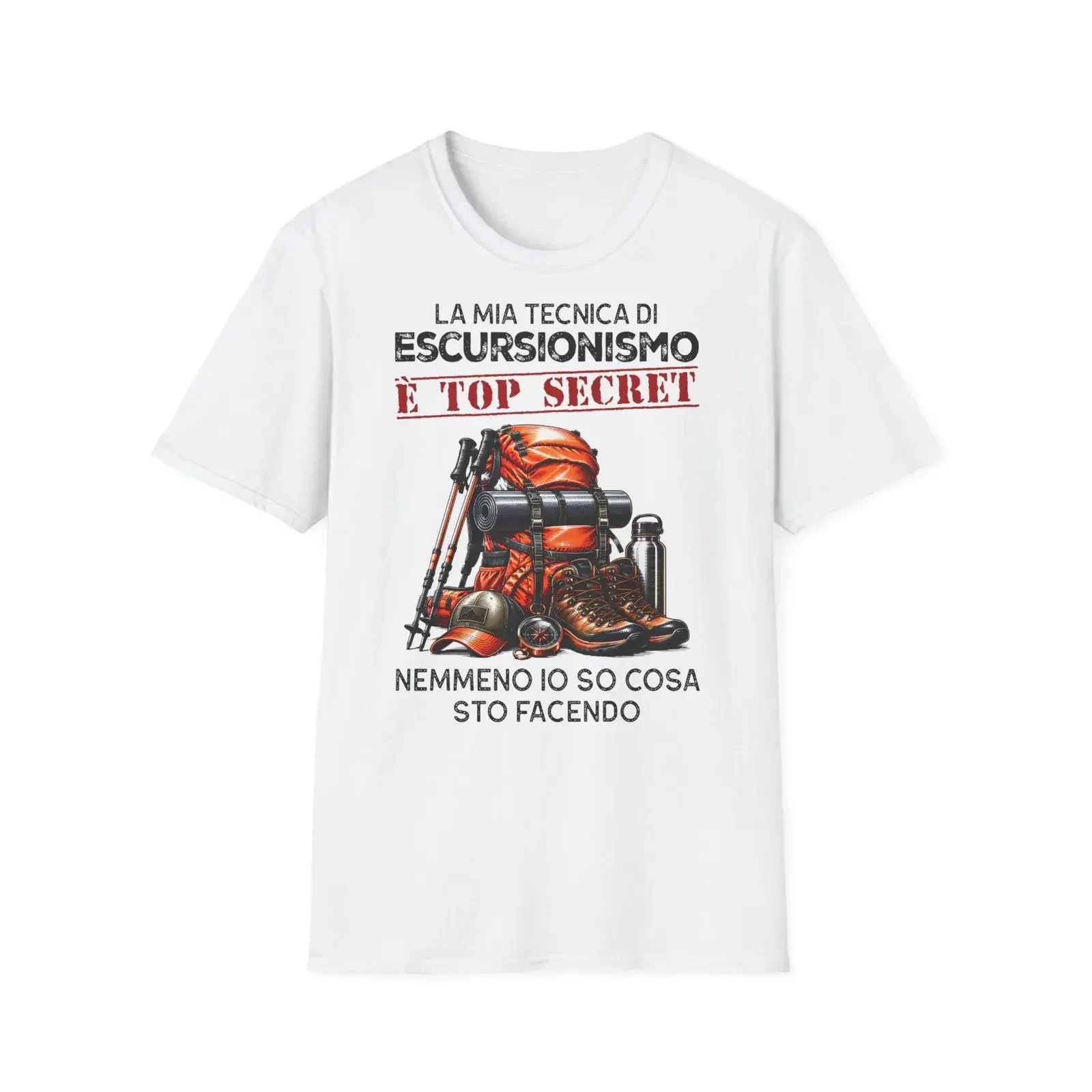 My Hiking Technique is Top Secret T Shirt Italian Backpack  vintage Washed Stretched fashion graphic Soft homme Versatile